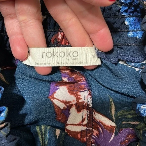 Rokoko by Dazz Navy Floral Smocked Off Shoulder Long Sleeve Mini Dress M - Picture 5 of 6